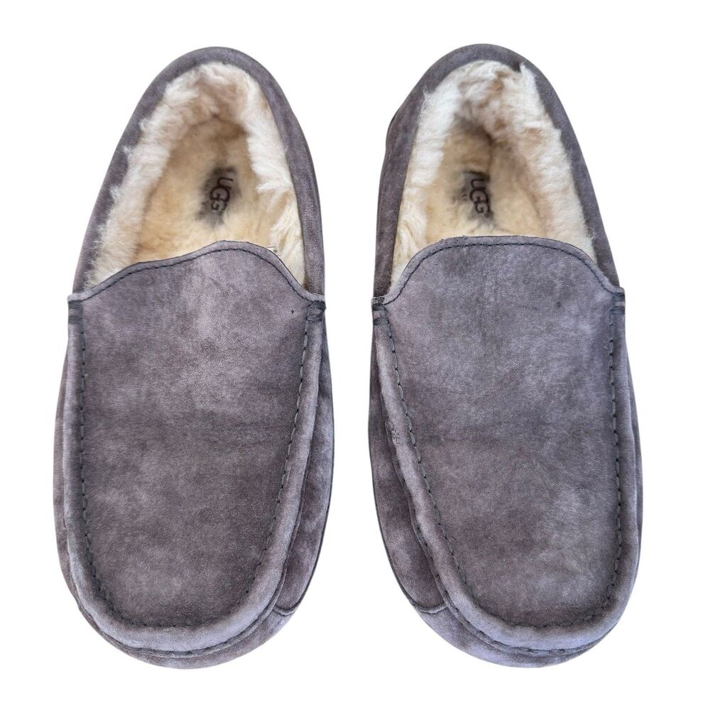 UGG Ascot Mens Fur Lined Slippers Loafer US9 EU42 Gray Suede Sheepskin Slip On